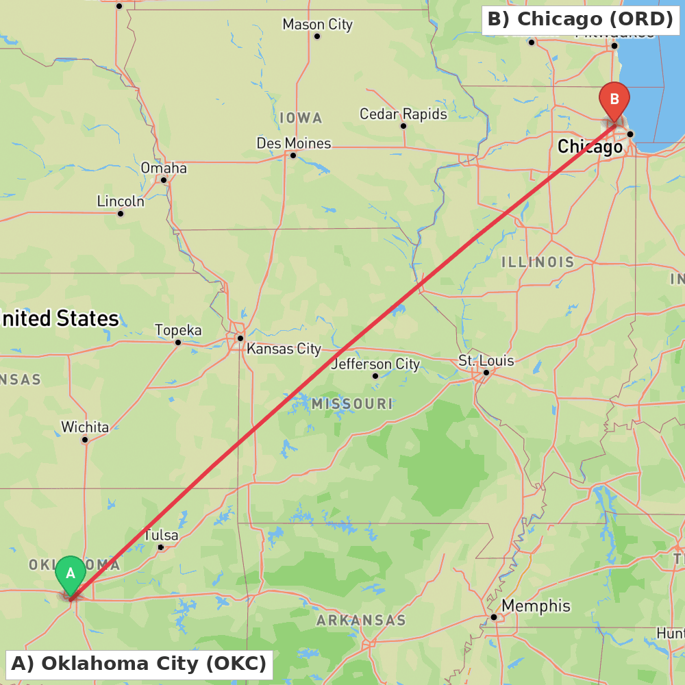 Flight route map from Oklahoma City to Chicago