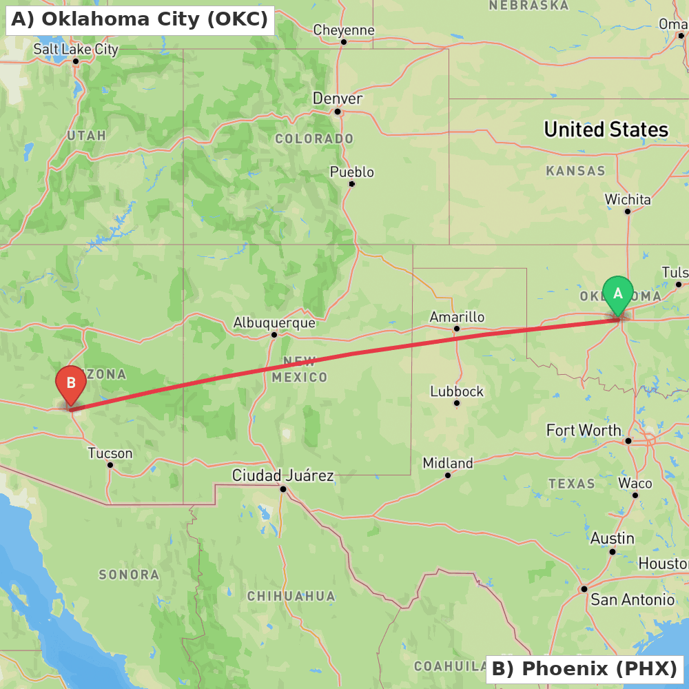 Flight route map from Oklahoma City to Phoenix