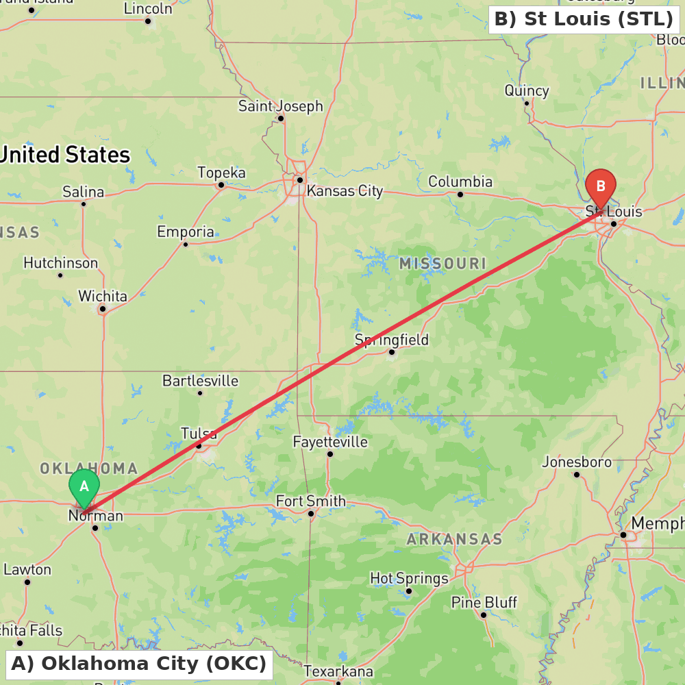 Flight route map from Oklahoma City to St Louis