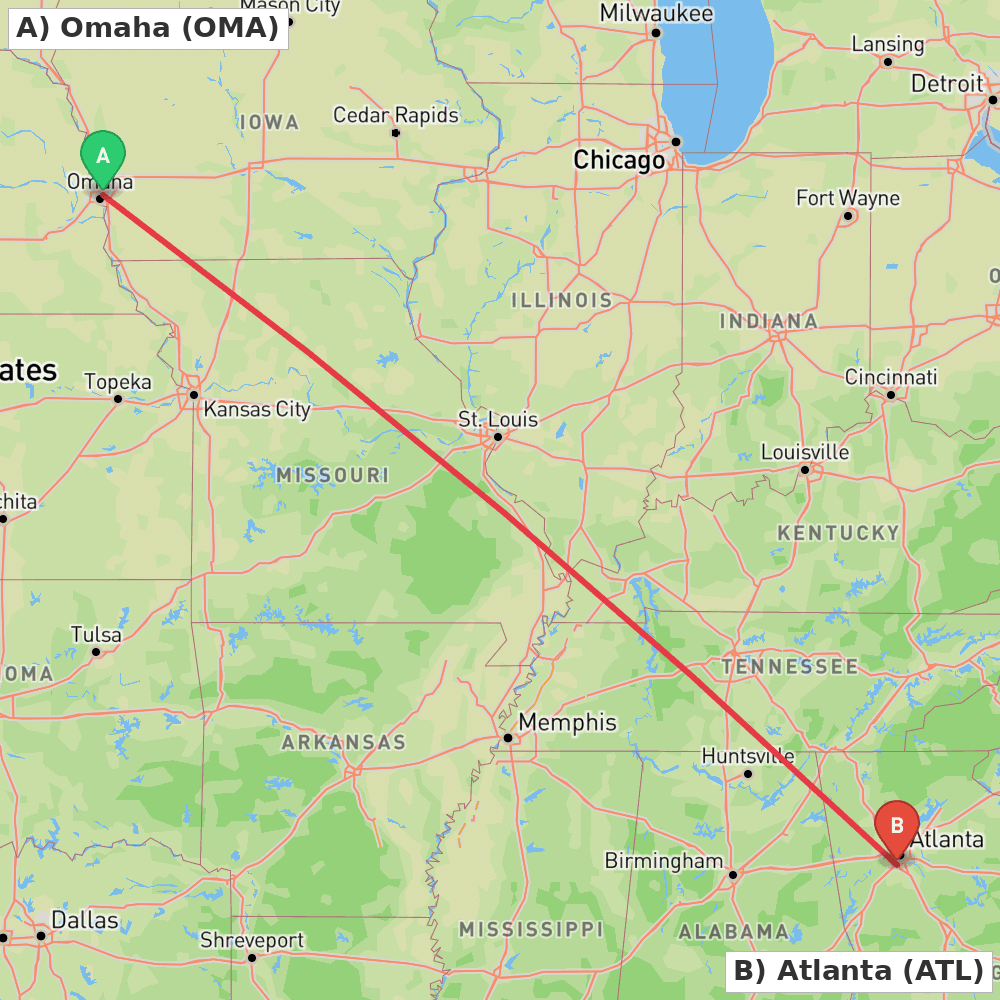Flight route map from Omaha to Atlanta