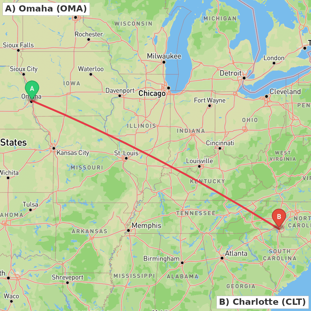 Flight route map from Omaha to Charlotte