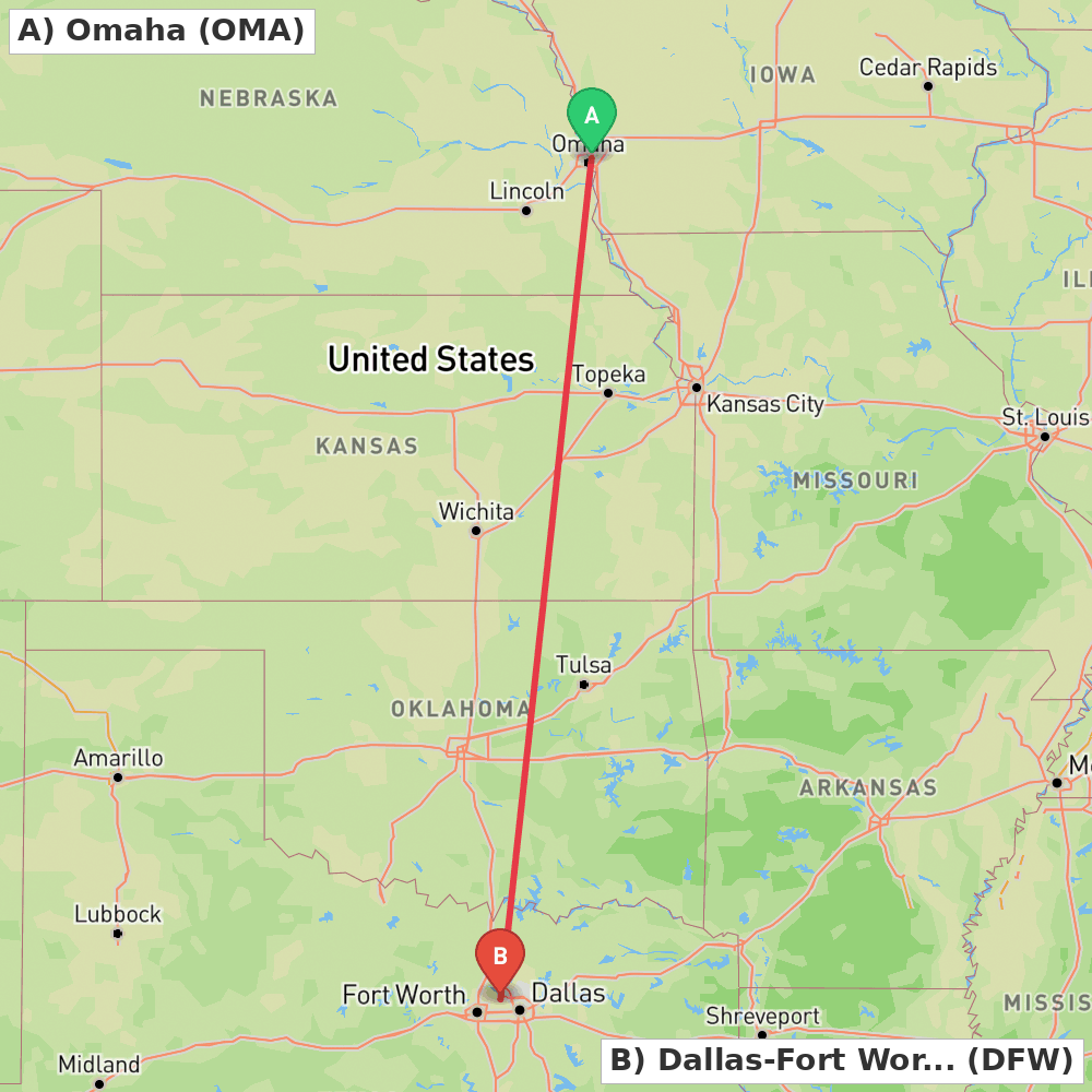 Flight route map from Omaha to Dallas-Fort Worth