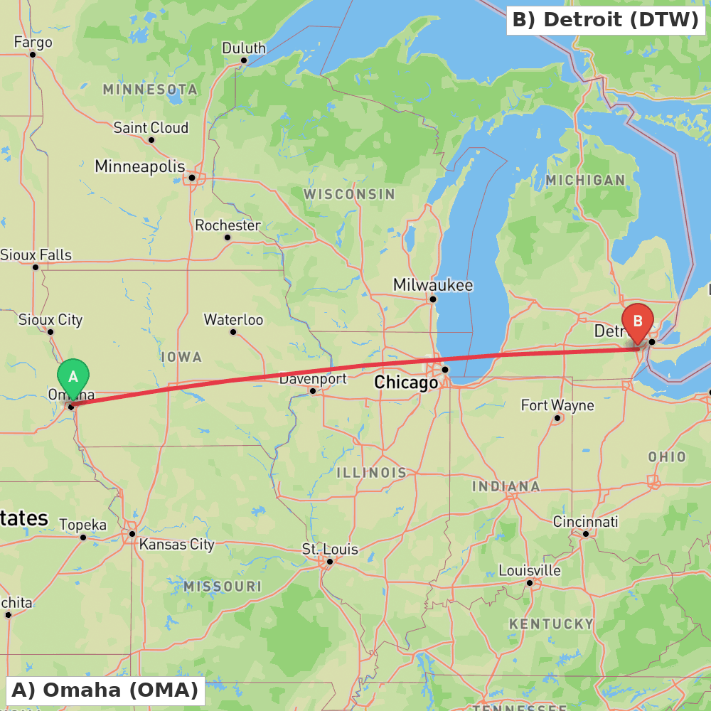 Flight route map from Omaha to Detroit