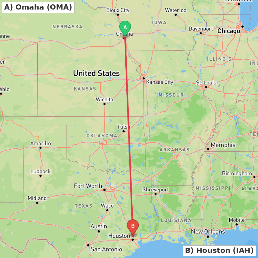 Flight route map from Omaha to Houston