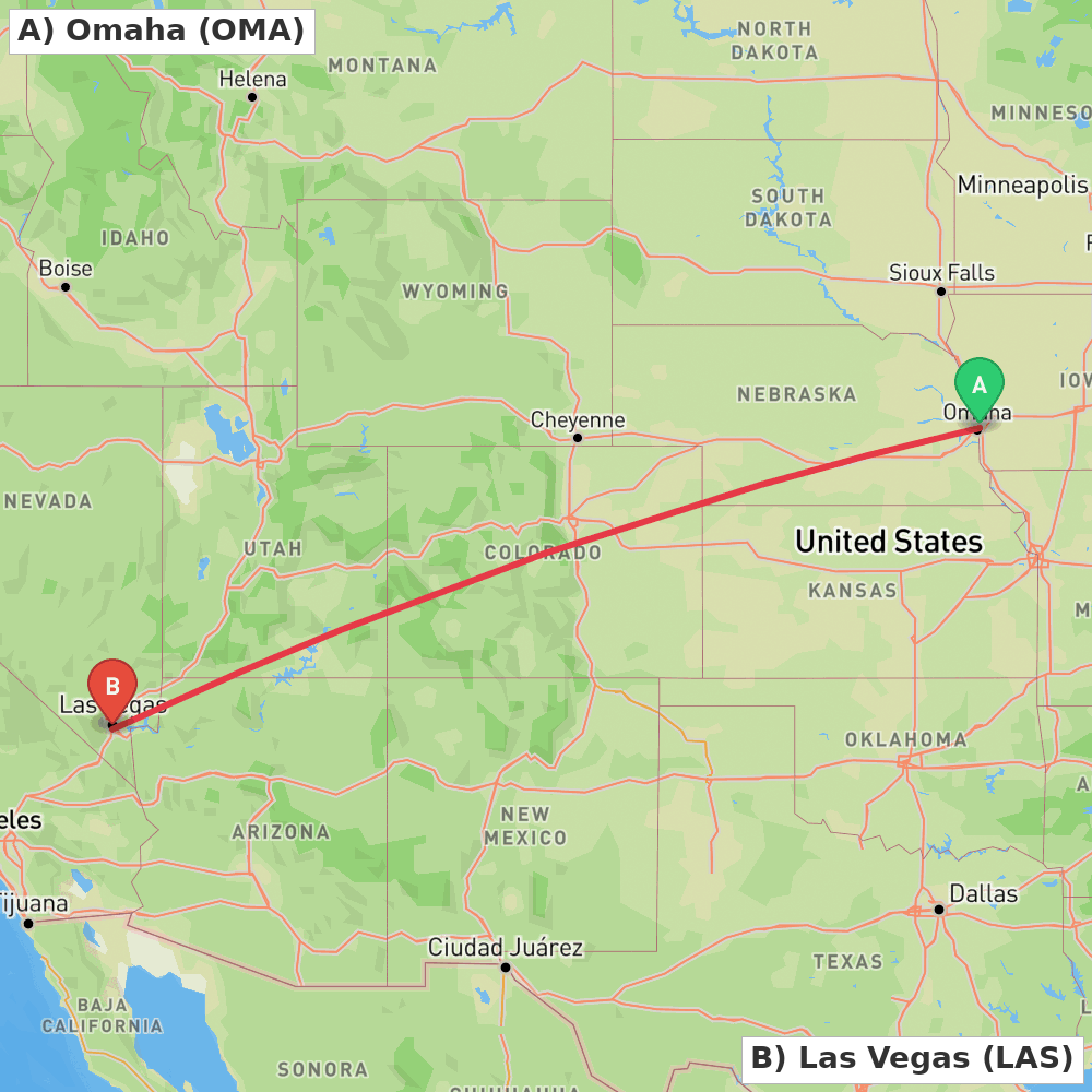 Flight route map from Omaha to Las Vegas