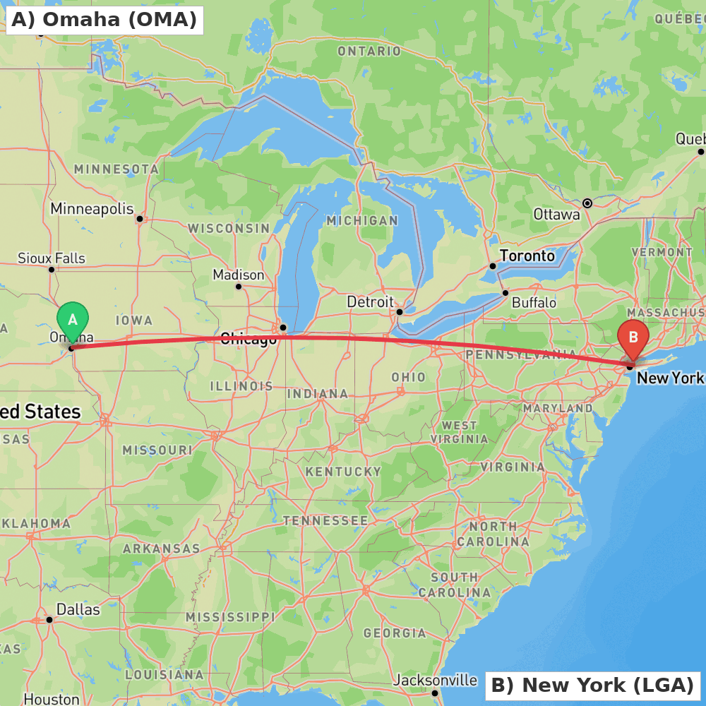Flight route map from Omaha to New York