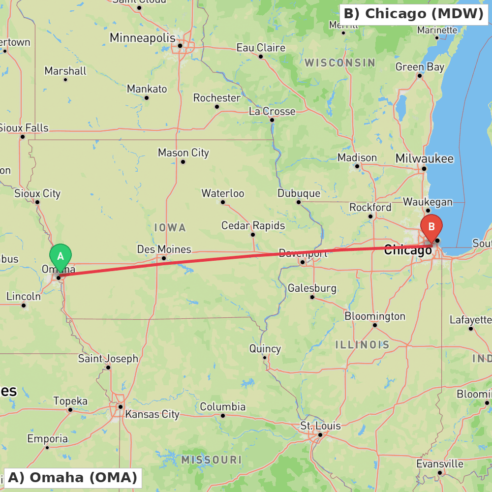 Flight route map from Omaha to Chicago