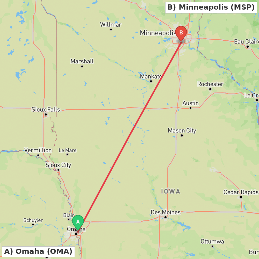Flight route map from Omaha to Minneapolis