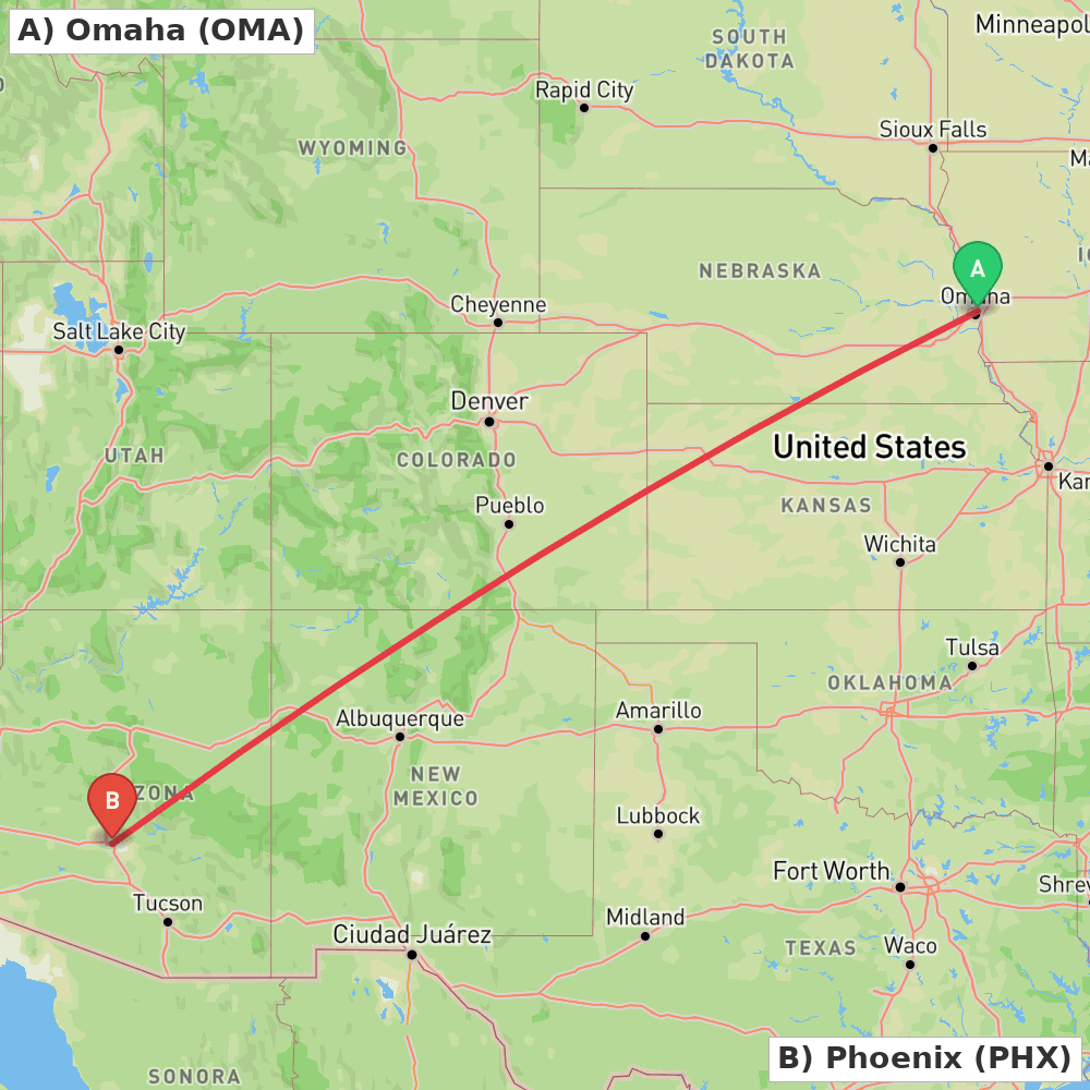 Flight route map from Omaha to Phoenix