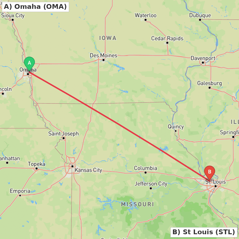 Flight route map from Omaha to St Louis