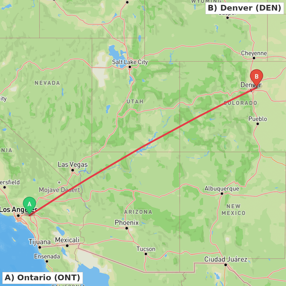 Flight route map from Ontario to Denver