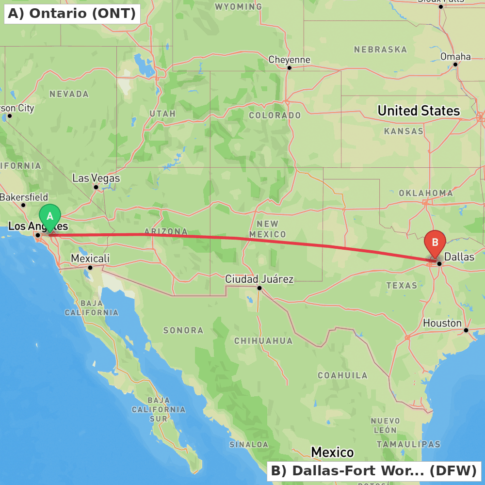 Flight route map from Ontario to Dallas-Fort Worth