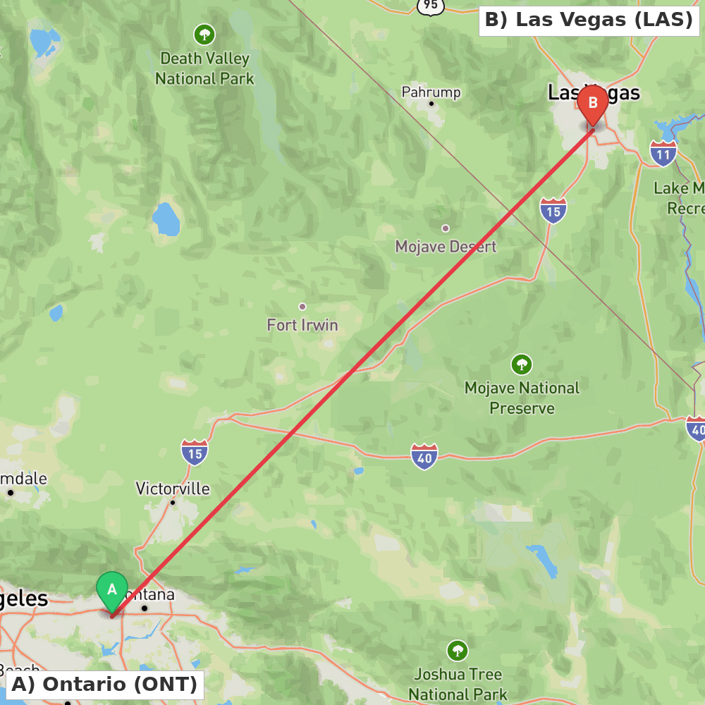 Flight route map from Ontario to Las Vegas
