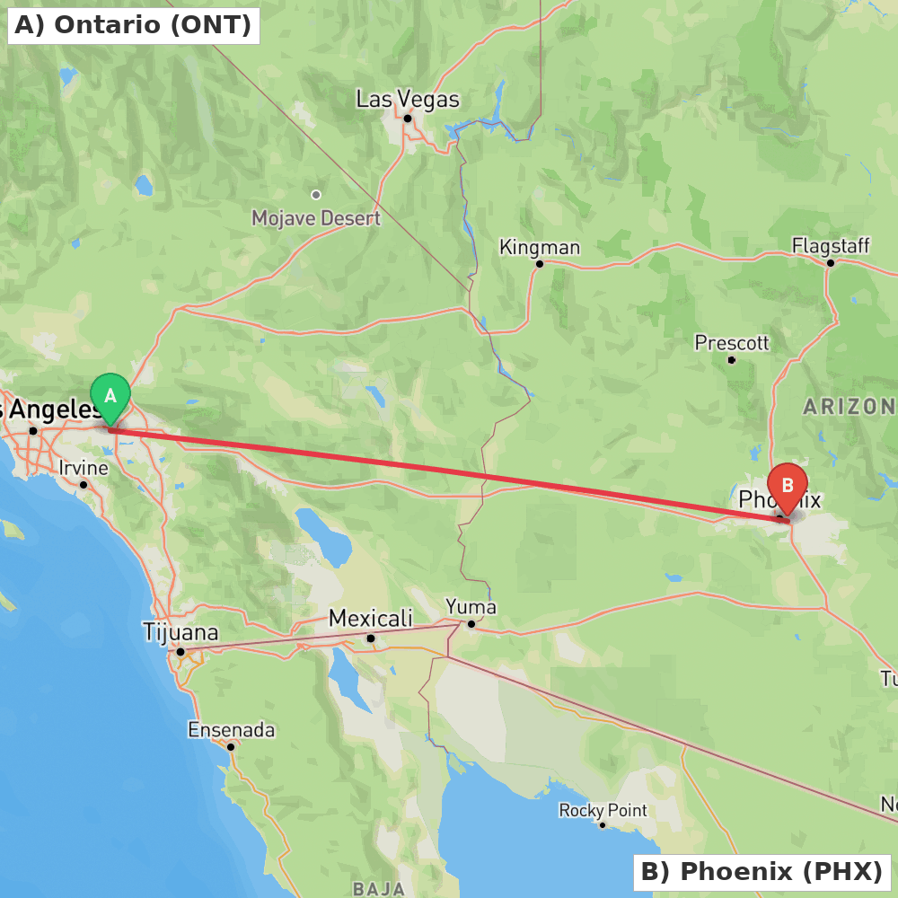 Flight route map from Ontario to Phoenix