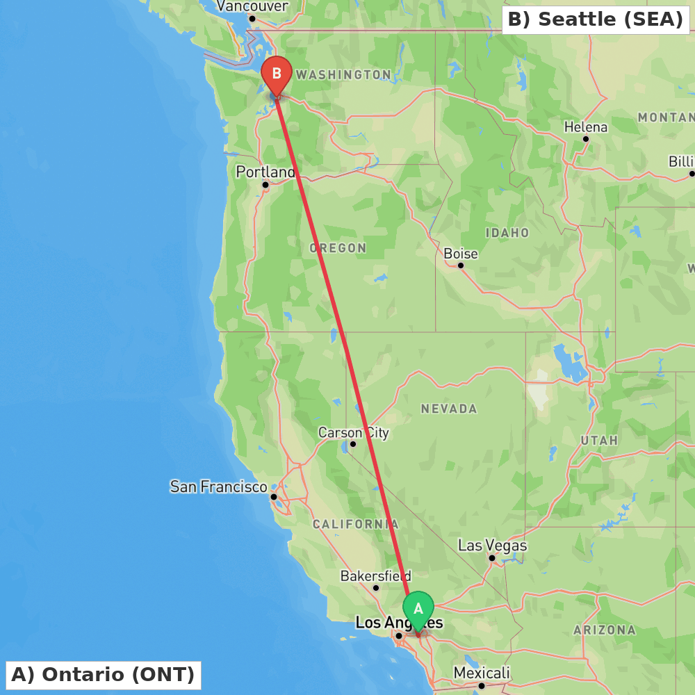 Flight route map from Ontario to Seattle