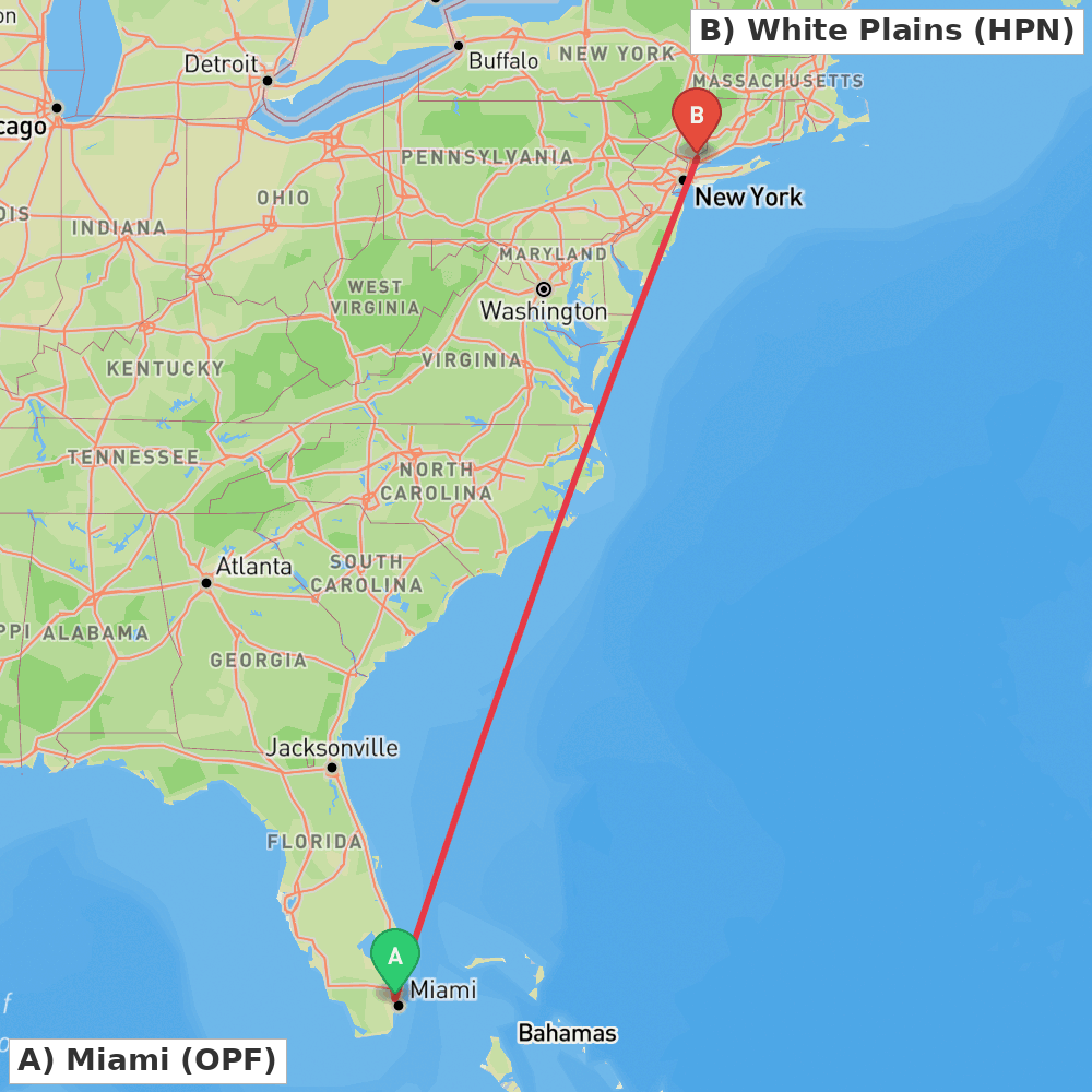 Flight route map from Miami to White Plains