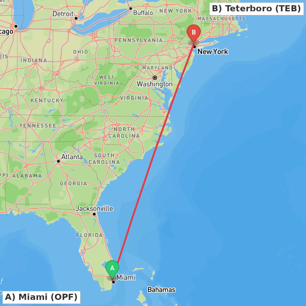Flight route map from Miami to Teterboro