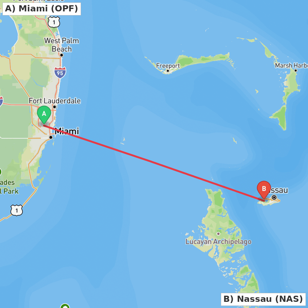 Flight route map from Miami to Nassau