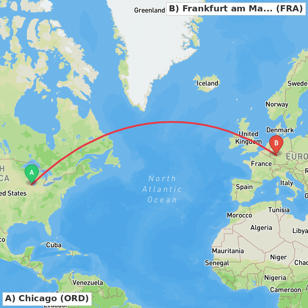 Flight route map from Chicago to Frankfurt am Main