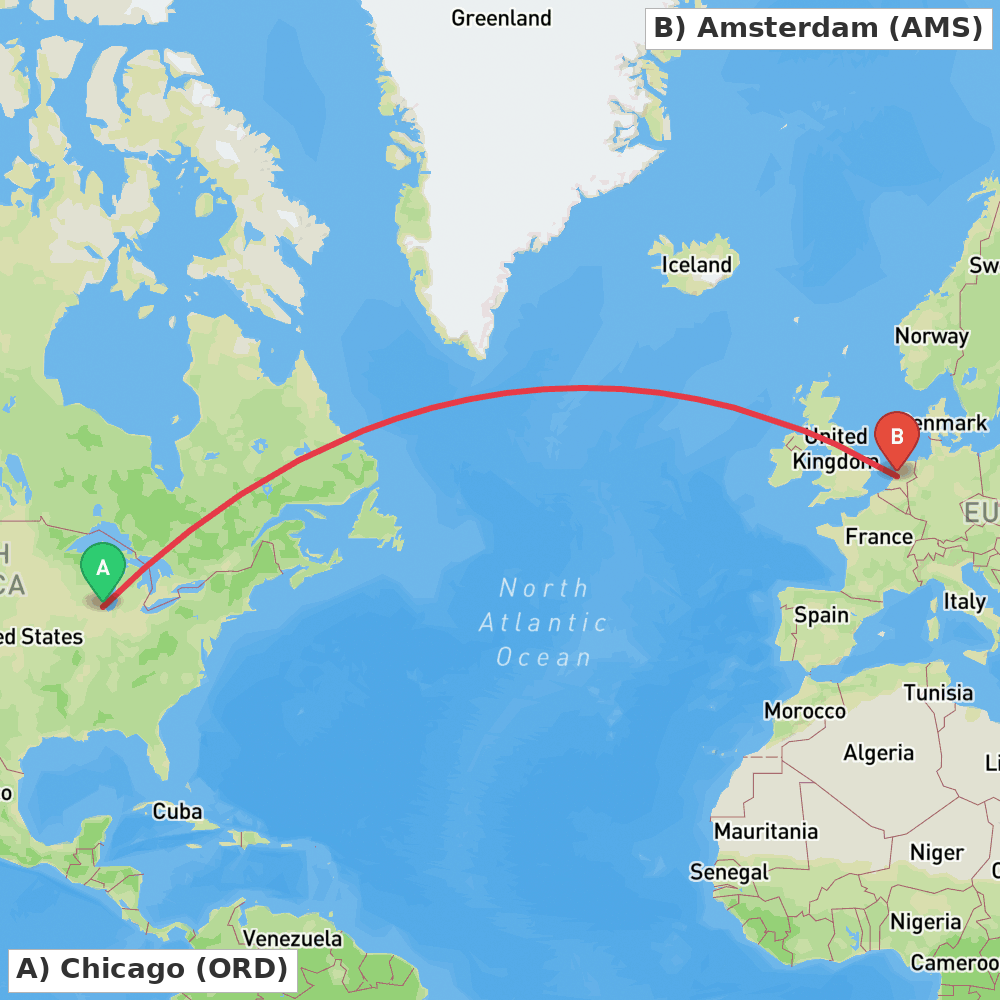 Flight route map from Chicago to Amsterdam