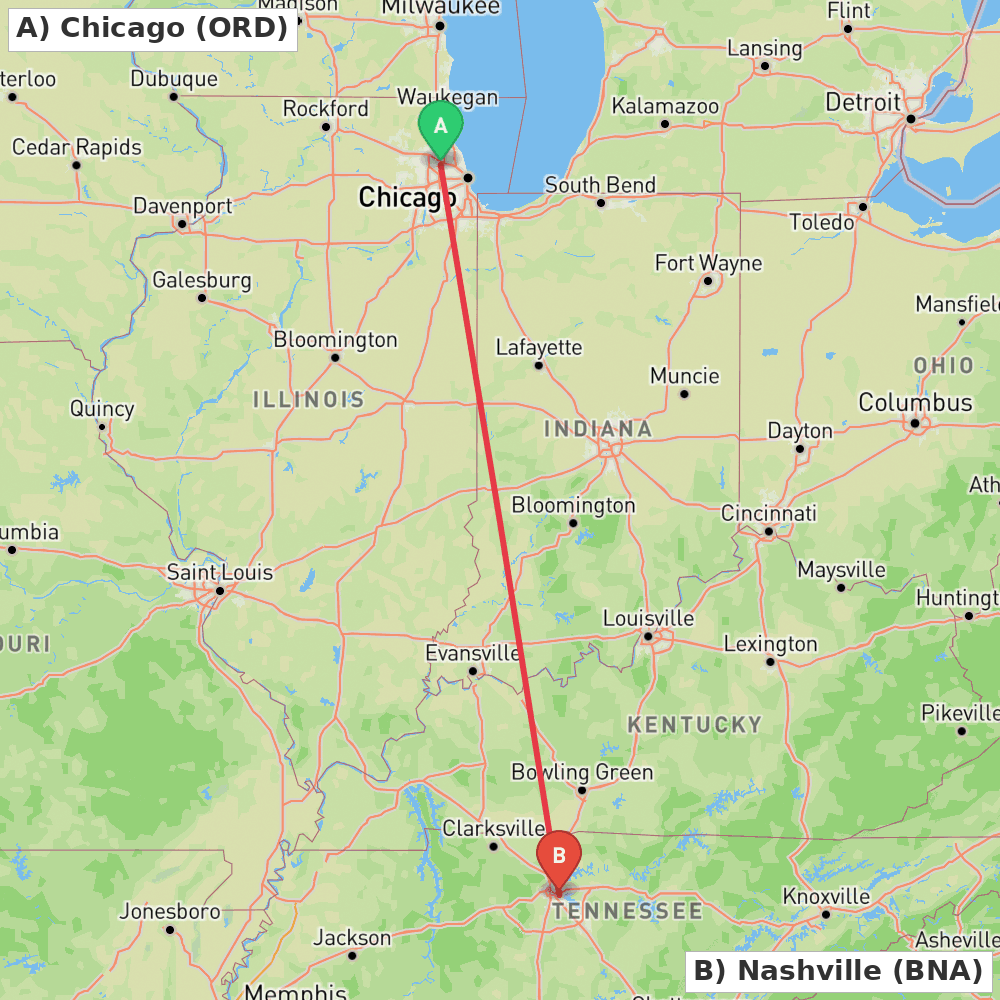 Flight route map from Chicago to Nashville