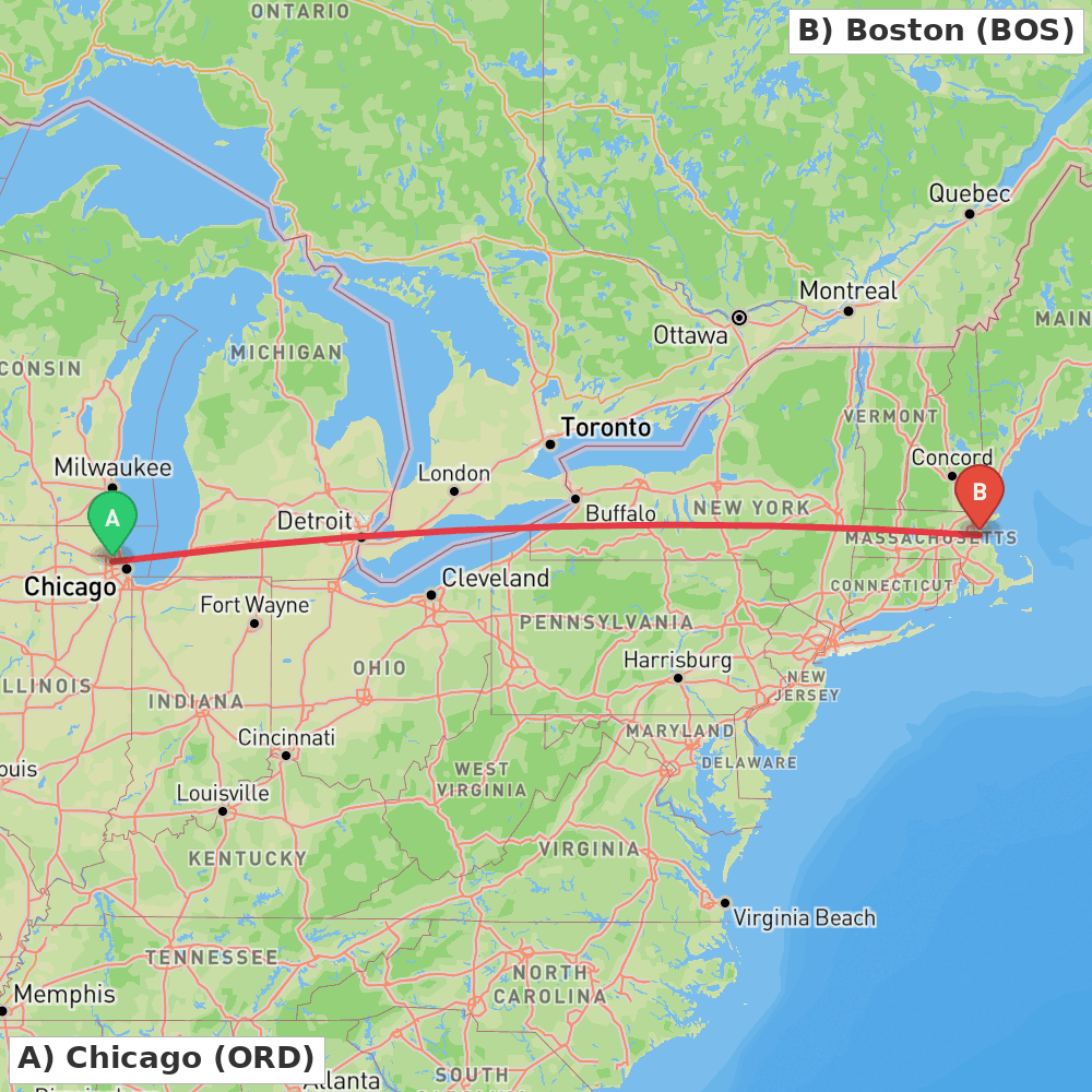 Flight route map from Chicago to Boston
