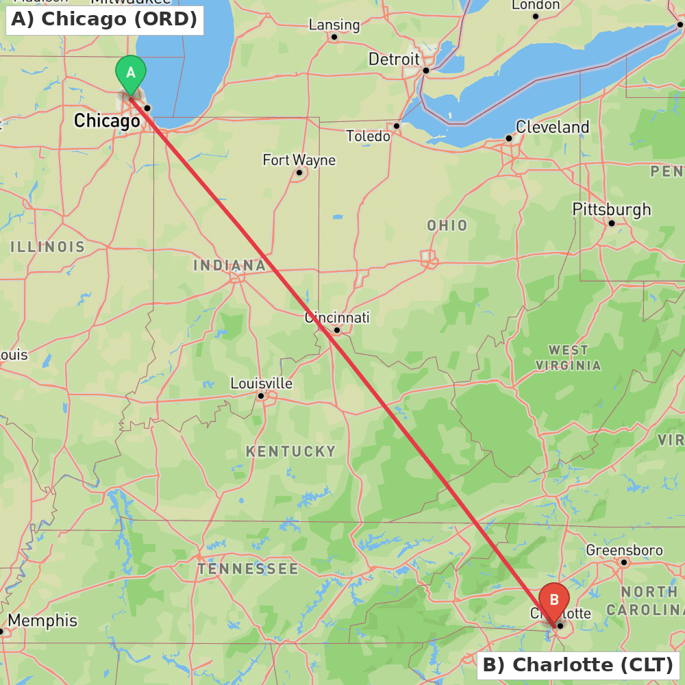 Flight route map from Chicago to Charlotte