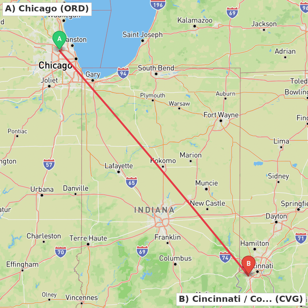 Flight route map from Chicago to Cincinnati / Covington