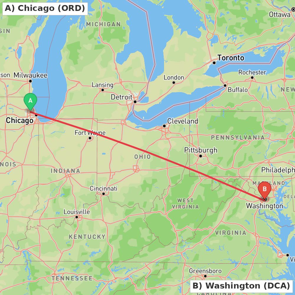 Flight route map from Chicago to Washington