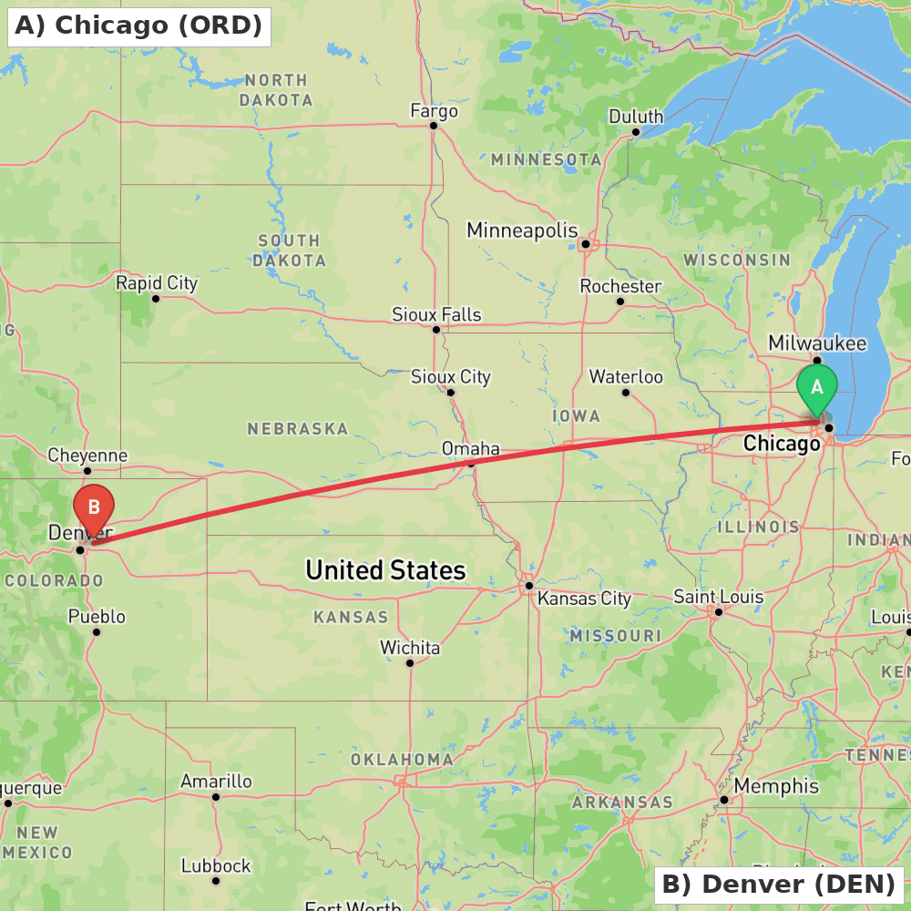 Flight route map from Chicago to Denver
