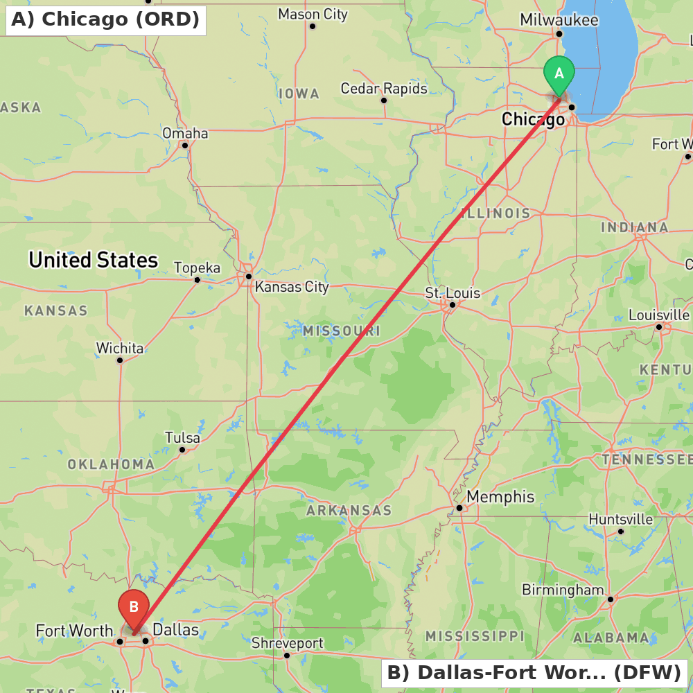 Flight route map from Chicago to Dallas-Fort Worth