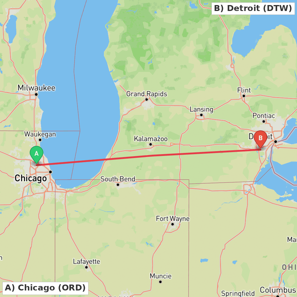 Flight route map from Chicago to Detroit