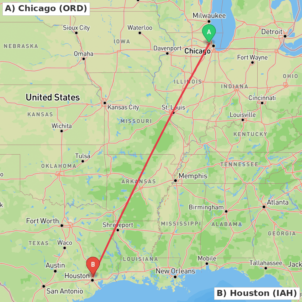 Flight route map from Chicago to Houston