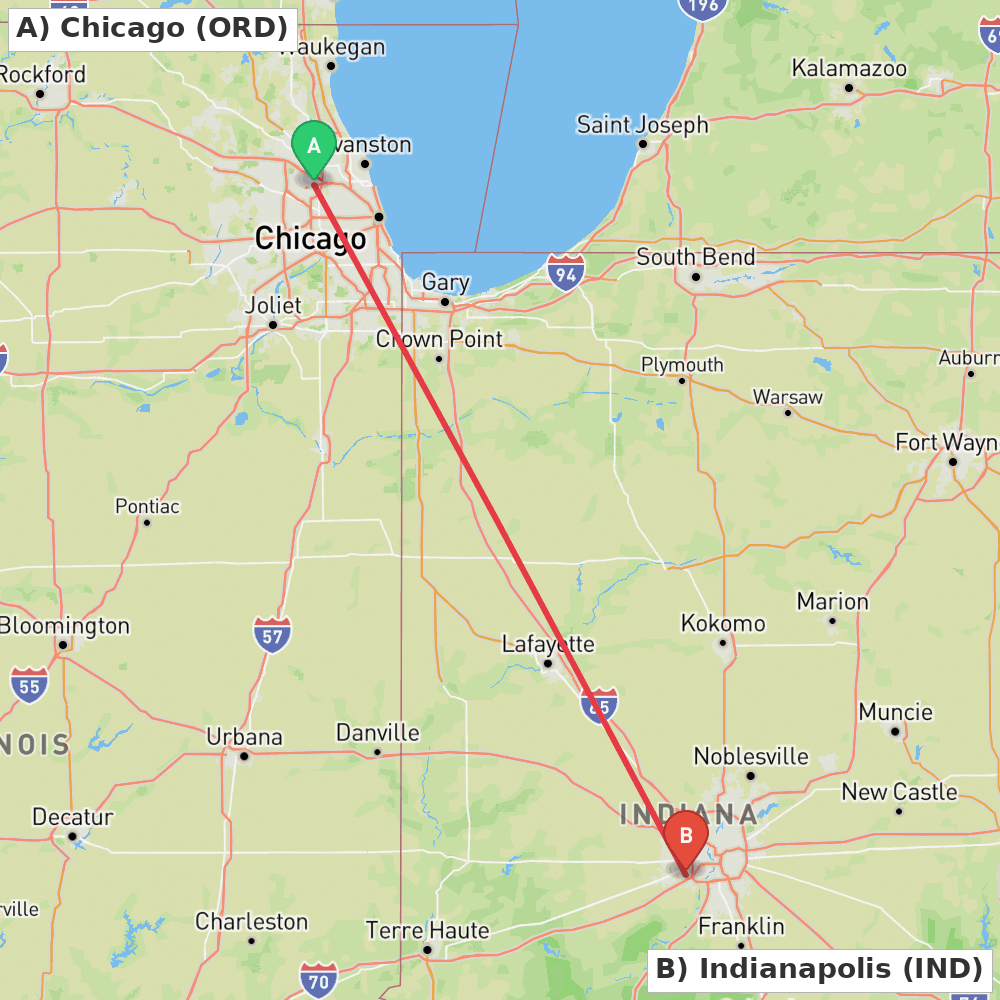 Flight route map from Chicago to Indianapolis
