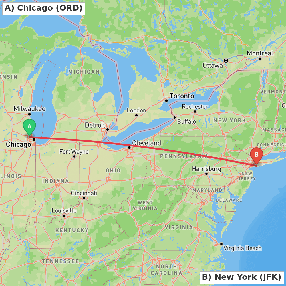 Flight route map from Chicago to New York