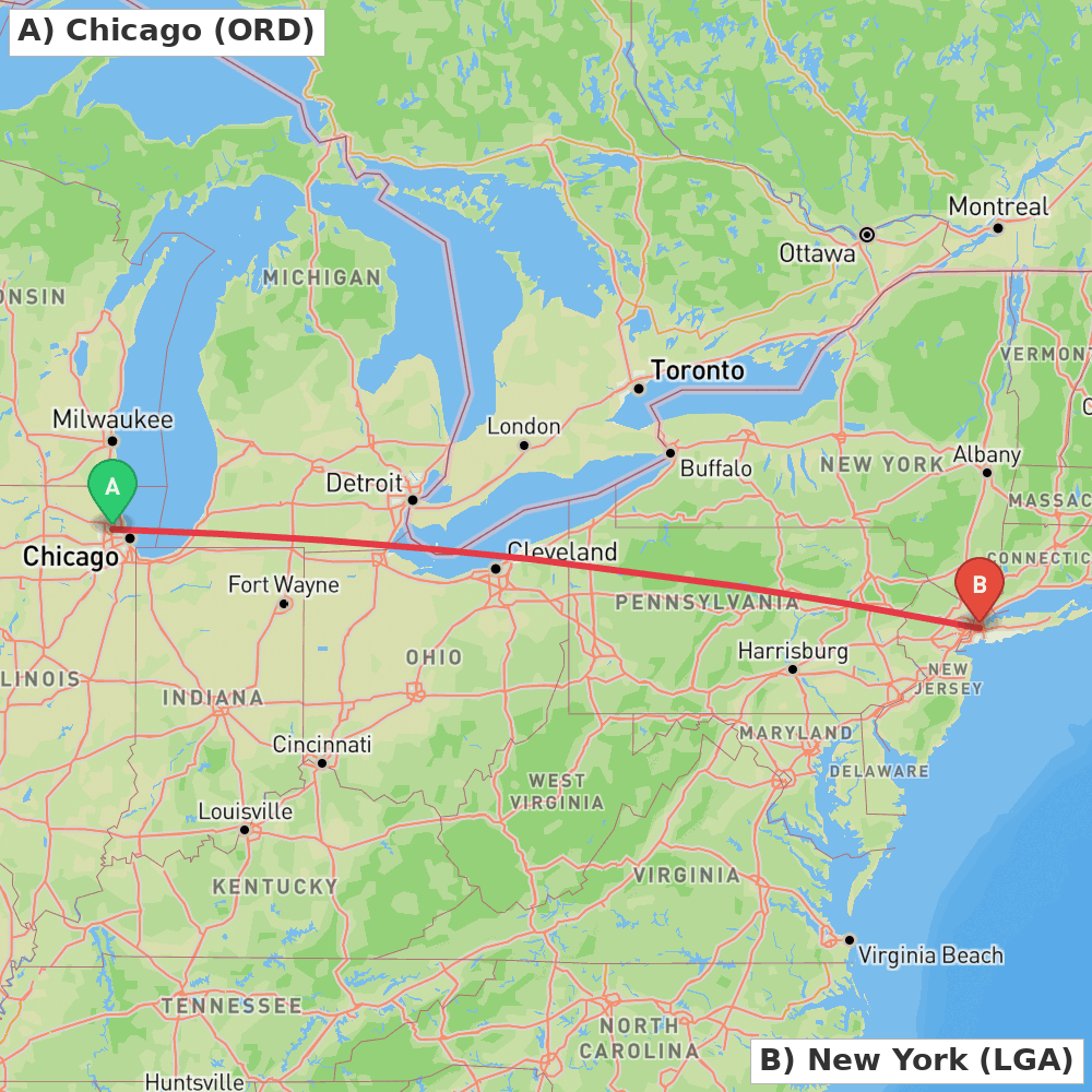 Flight route map from Chicago to New York