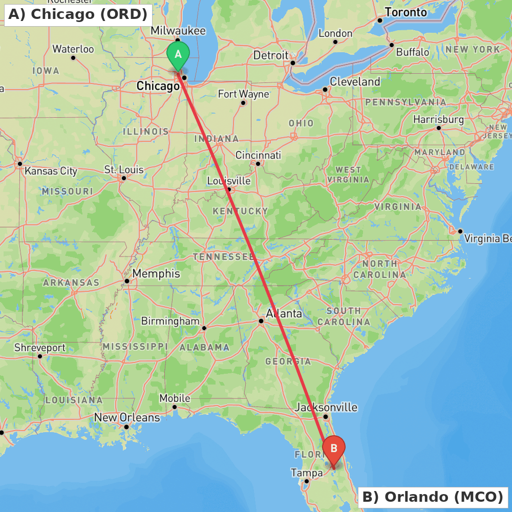 Flight route map from Chicago to Orlando