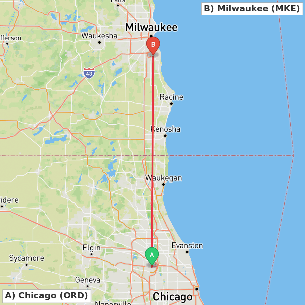 Flight route map from Chicago to Milwaukee