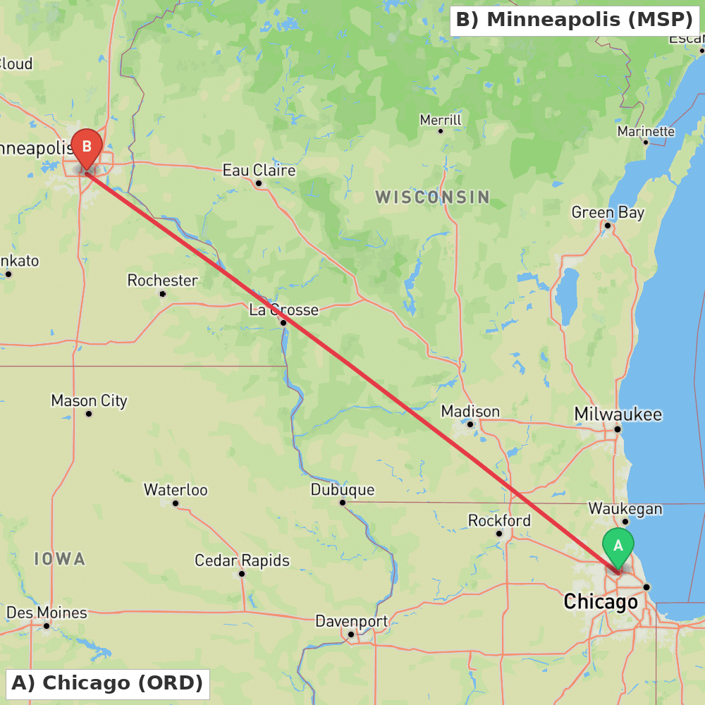 Flight route map from Chicago to Minneapolis