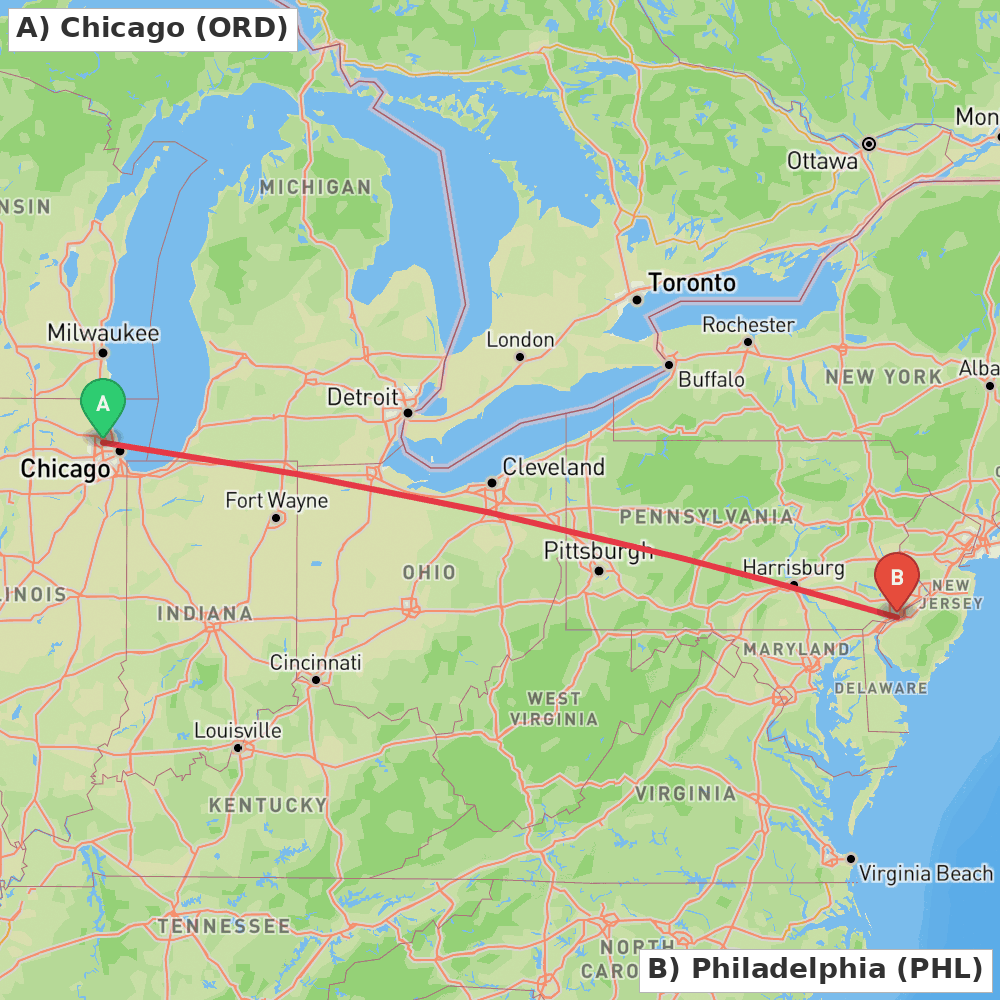 Flight route map from Chicago to Philadelphia