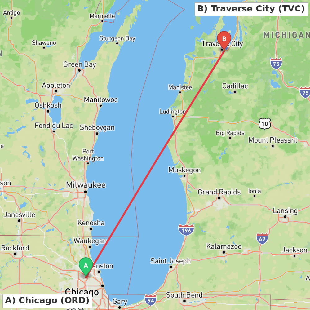 Flight route map from Chicago to Traverse City
