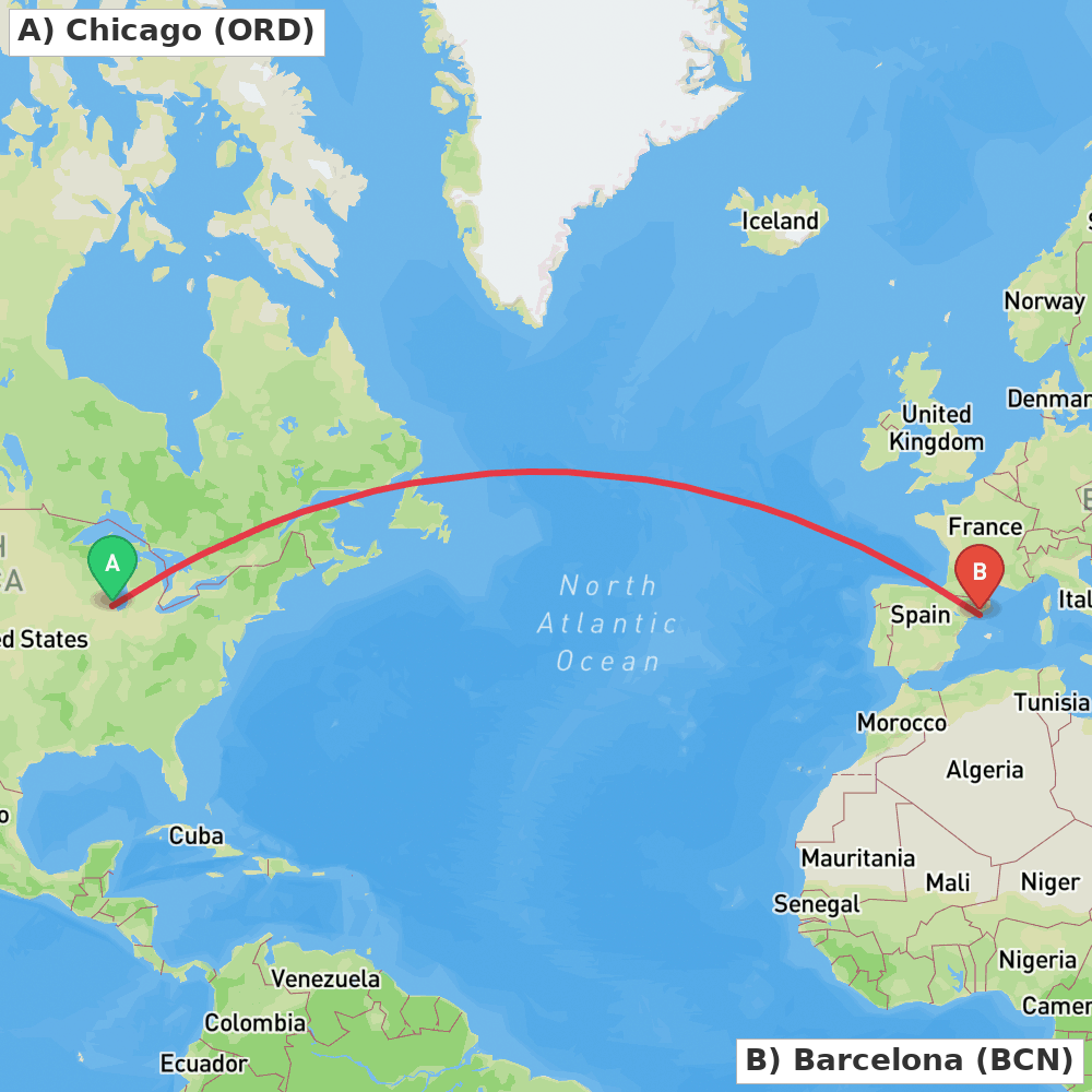 Flight route map from Chicago to Barcelona