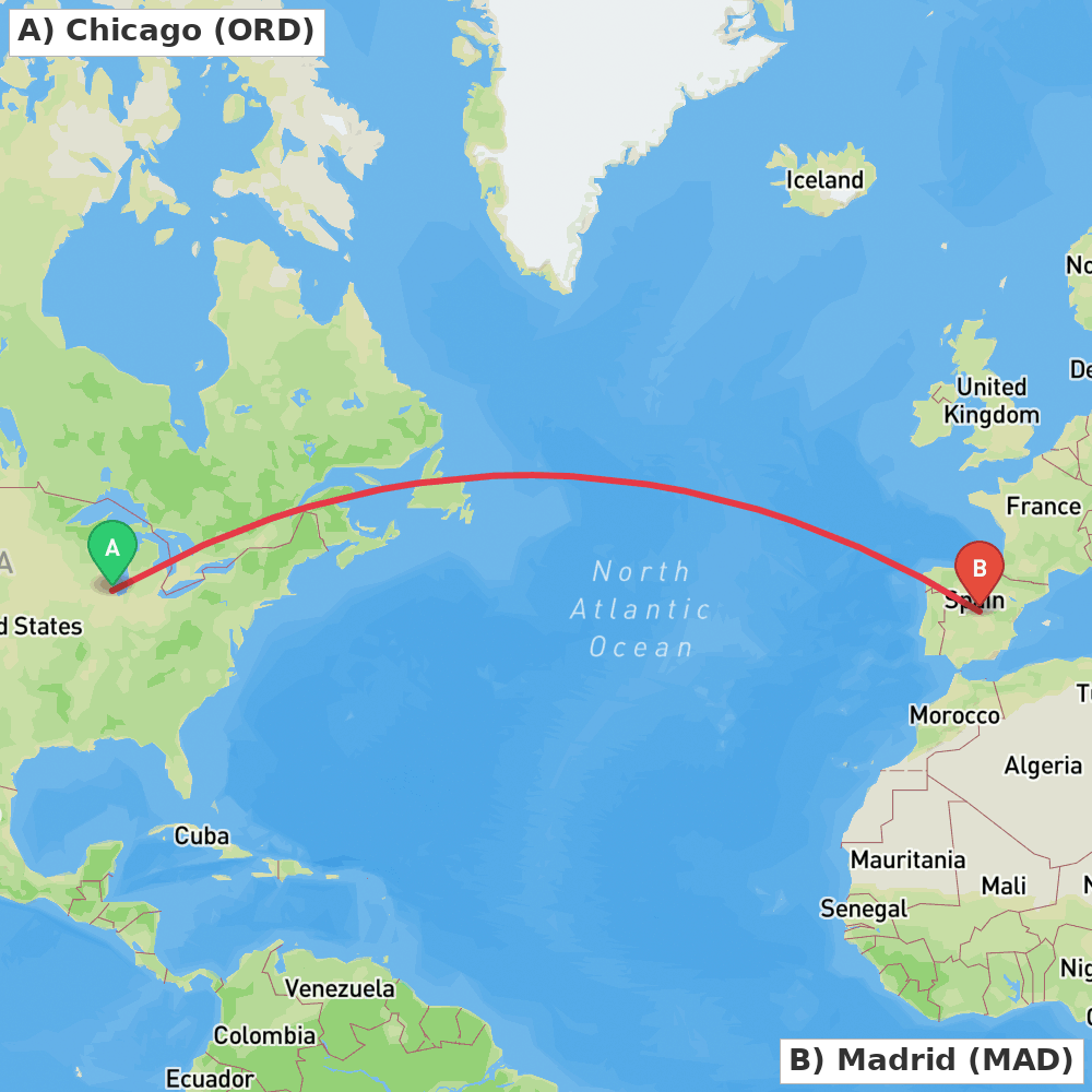 Flight route map from Chicago to Madrid