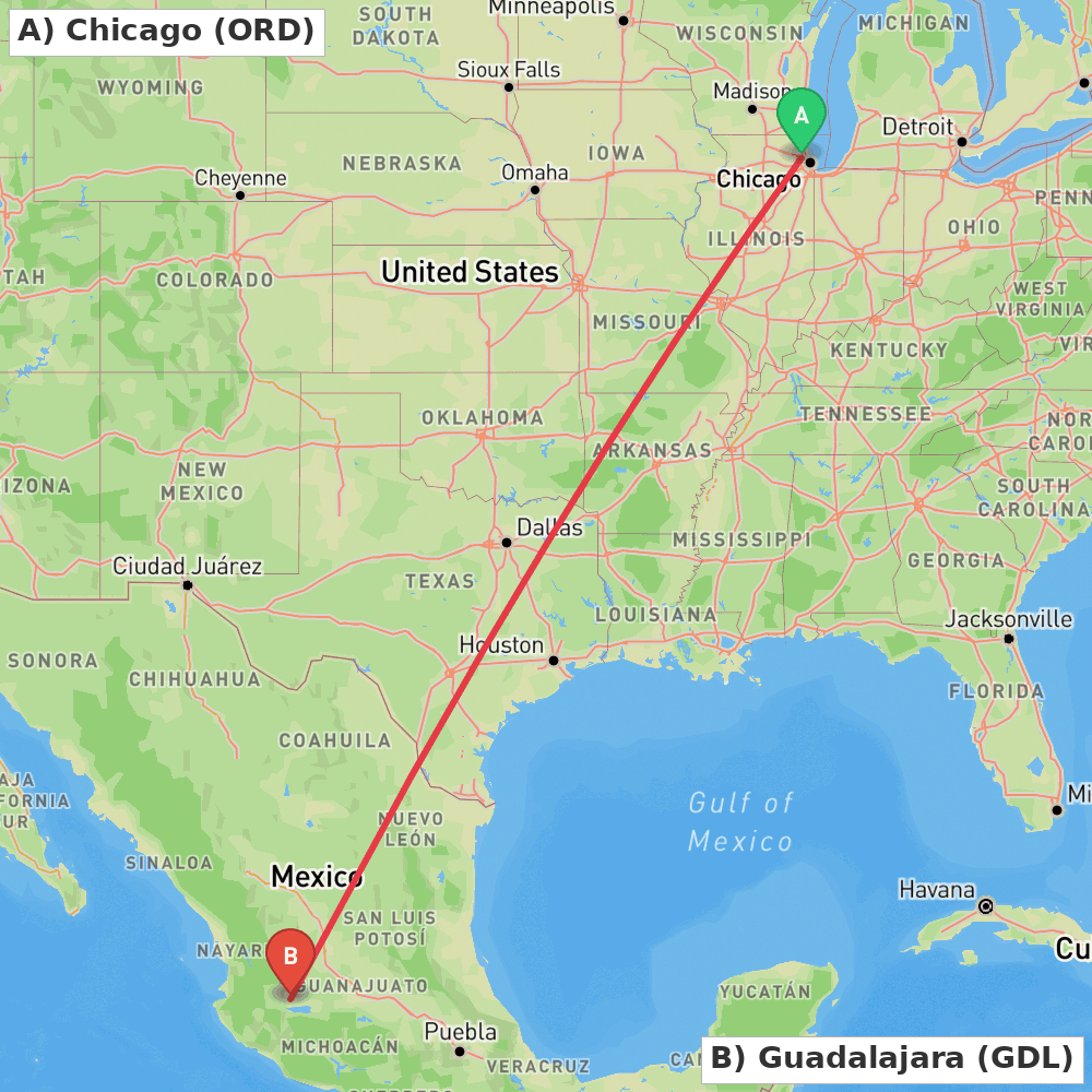 Flight route map from Chicago to Guadalajara