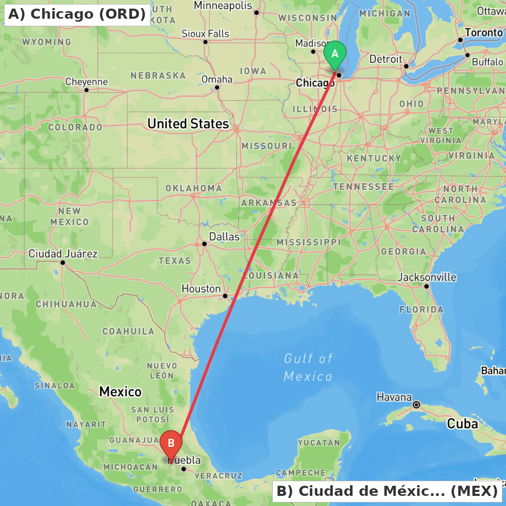 Flight route map from Chicago to Ciudad de México