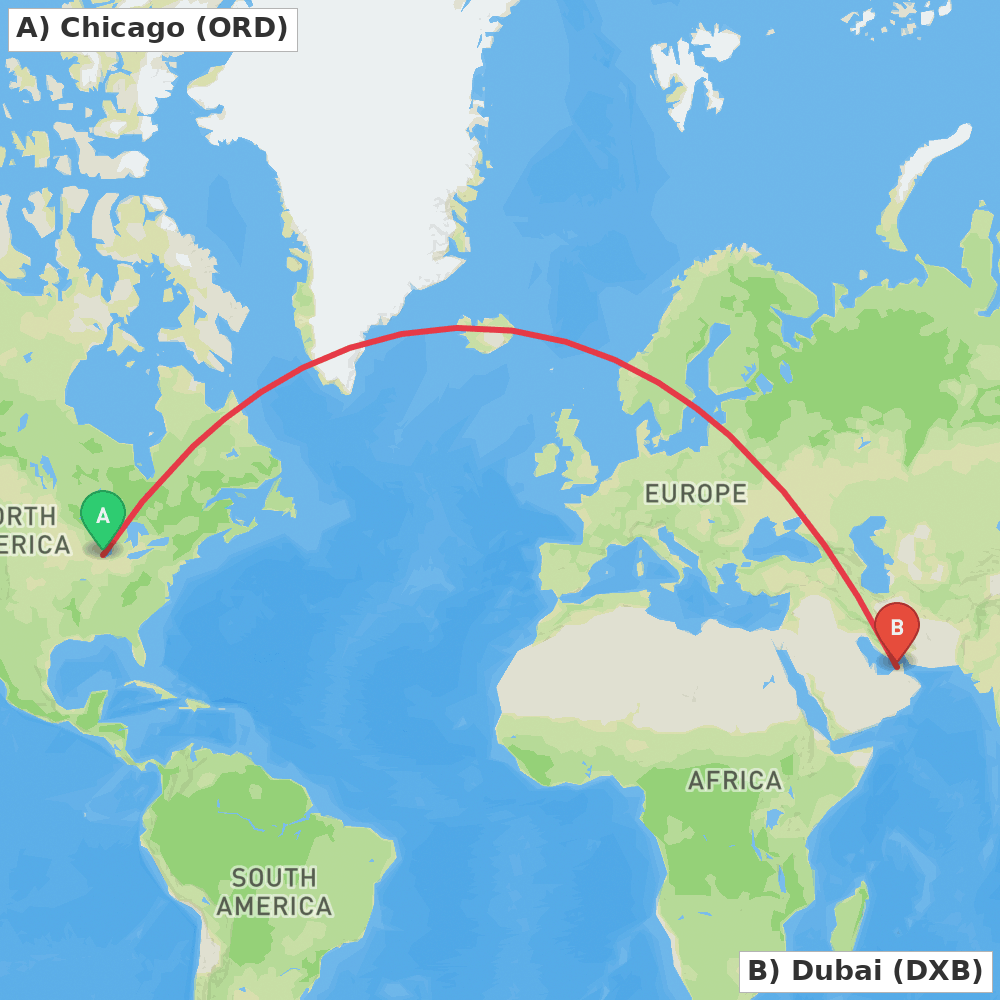 Flight route map from Chicago to Dubai