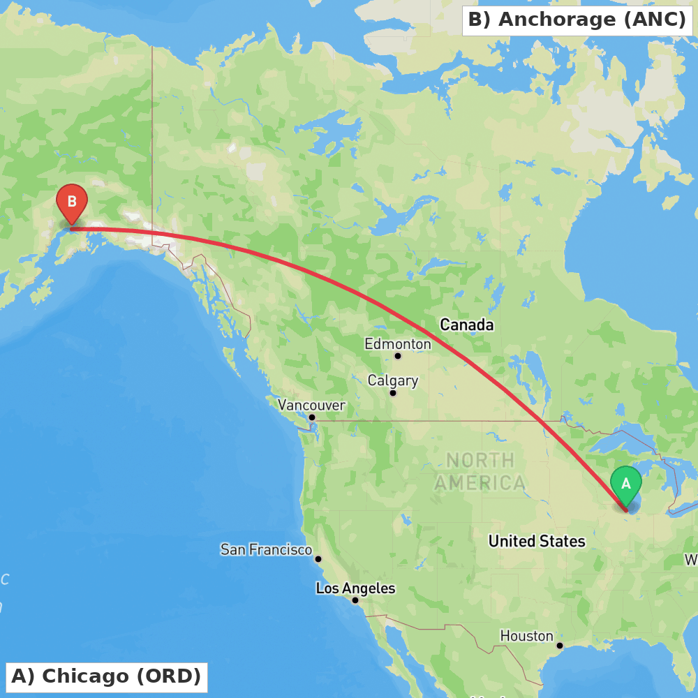 Flight route map from Chicago to Anchorage