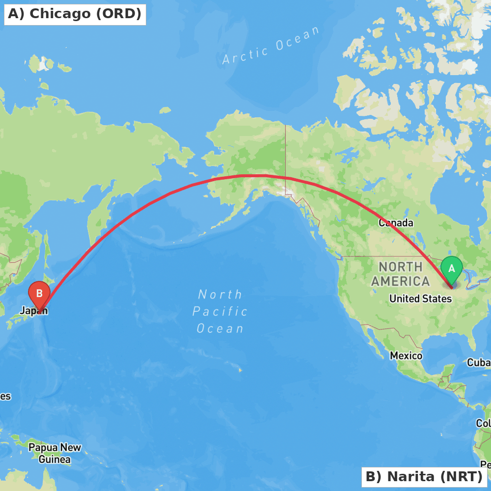 Flight route map from Chicago to Narita