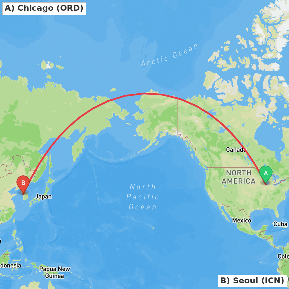 Flight route map from Chicago to Seoul