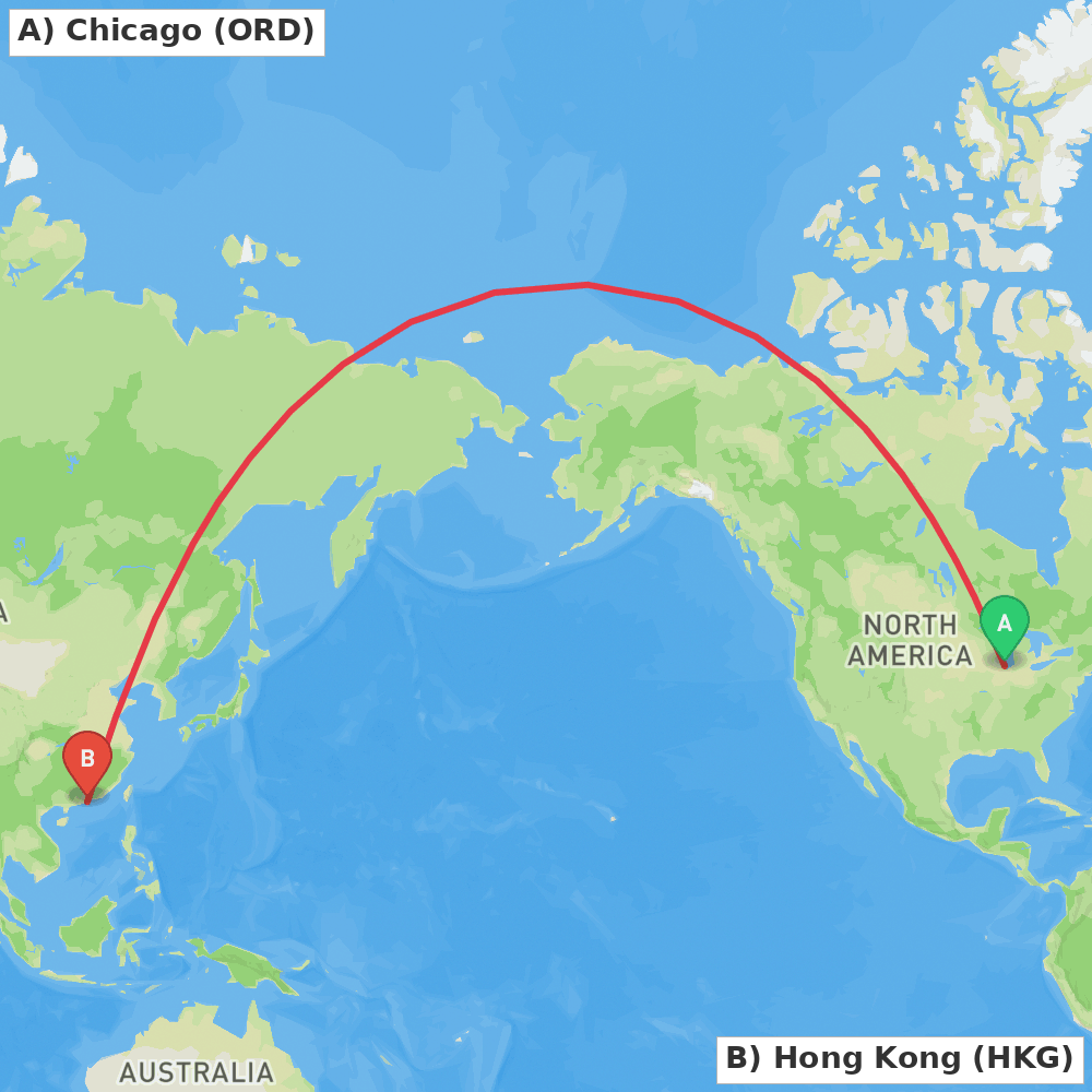 Flight route map from Chicago to Hong Kong